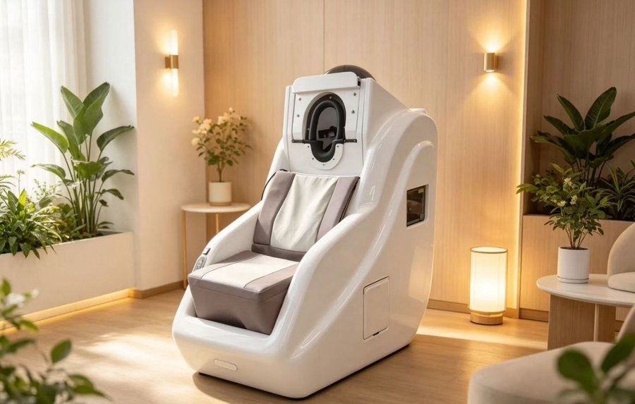 REJOY seated AI hair-wash pod — drag to rotate